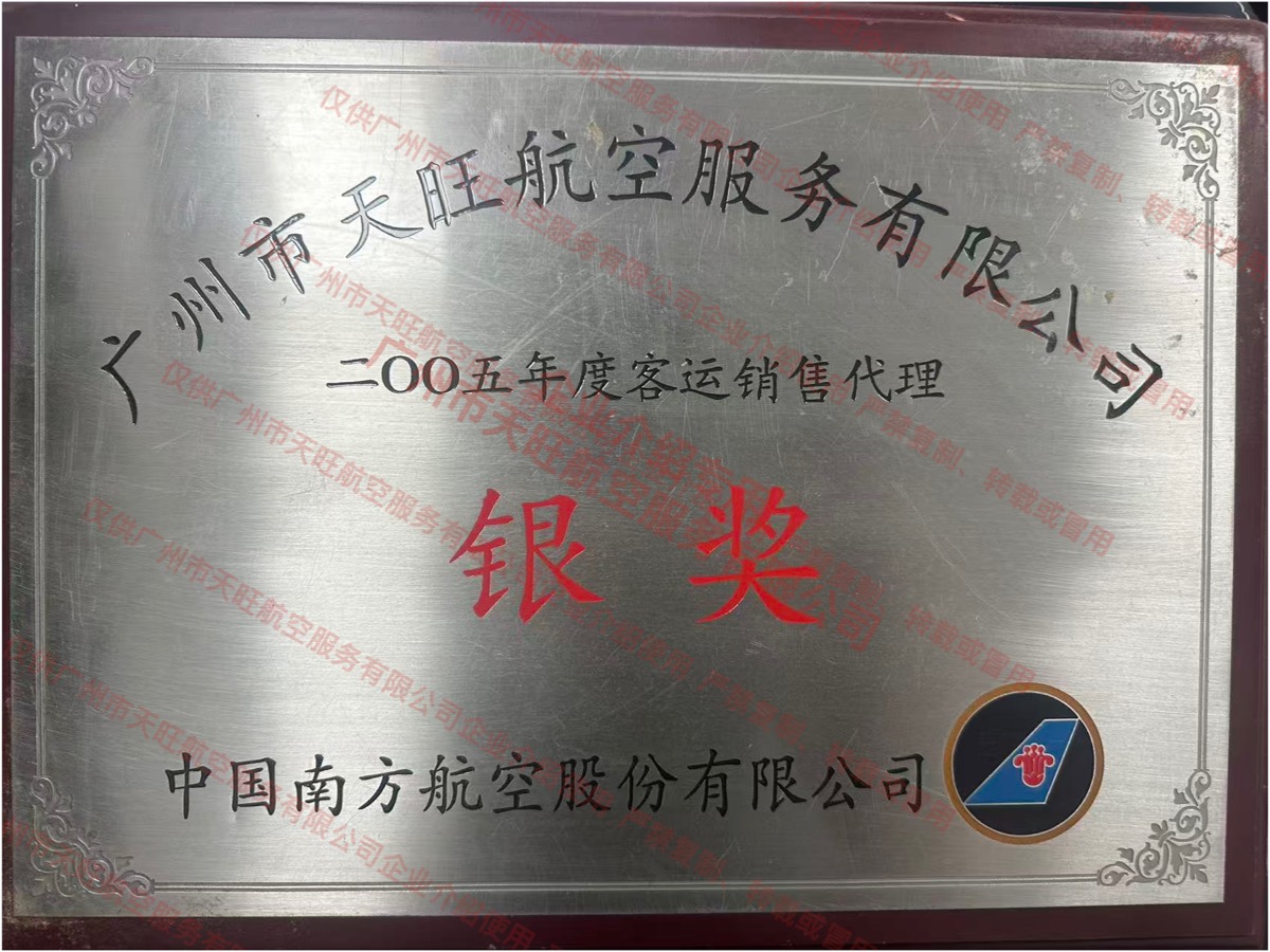 南航 2005 年度客运销售代理银奖