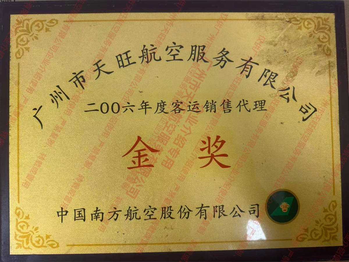 南航 2006 年度客运销售代理金奖