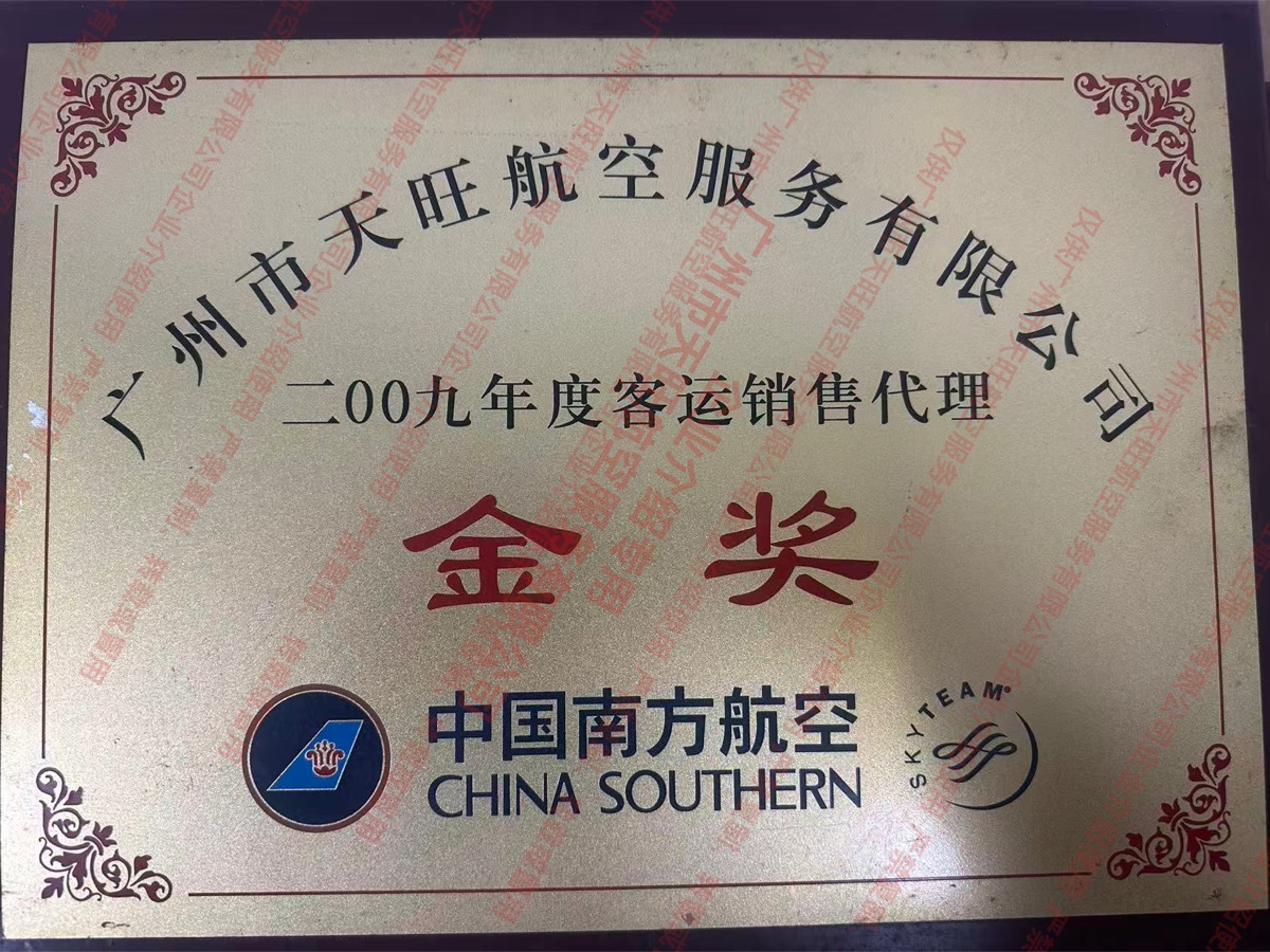 南航 2009 年度客运销售代理金奖